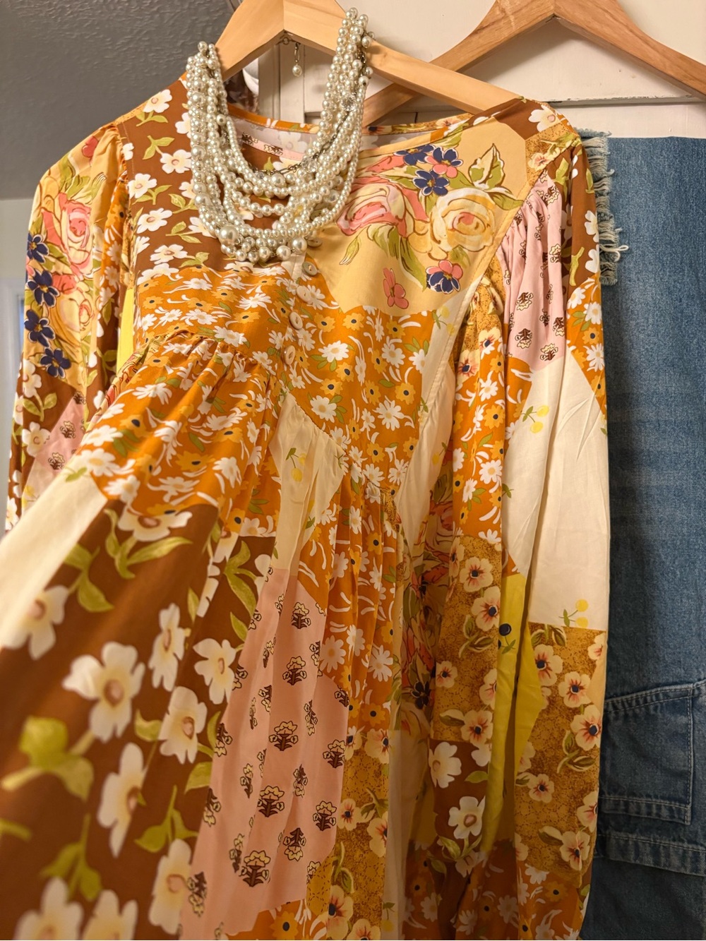 Floral Patchwork Boho Dress in Yellow, Pink & Brown - Picture 3 of 4
